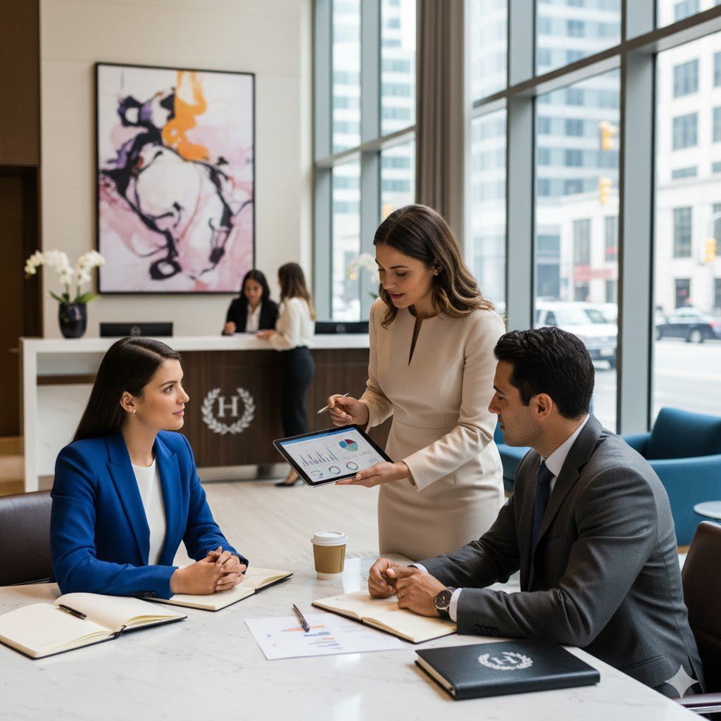 Hotel financial advisory team discussing strategy with hotel owners